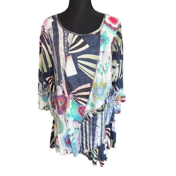 Paris Tunic Top L Multicolor Patchwork Boho Style Relaxed Casual Blouse Loose Fi - Picture 1 of 10